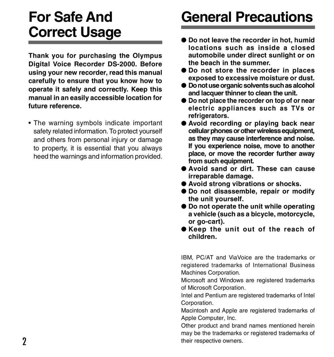 Olympus DS2000 manual For Safe Correct Usage, General Precautions 