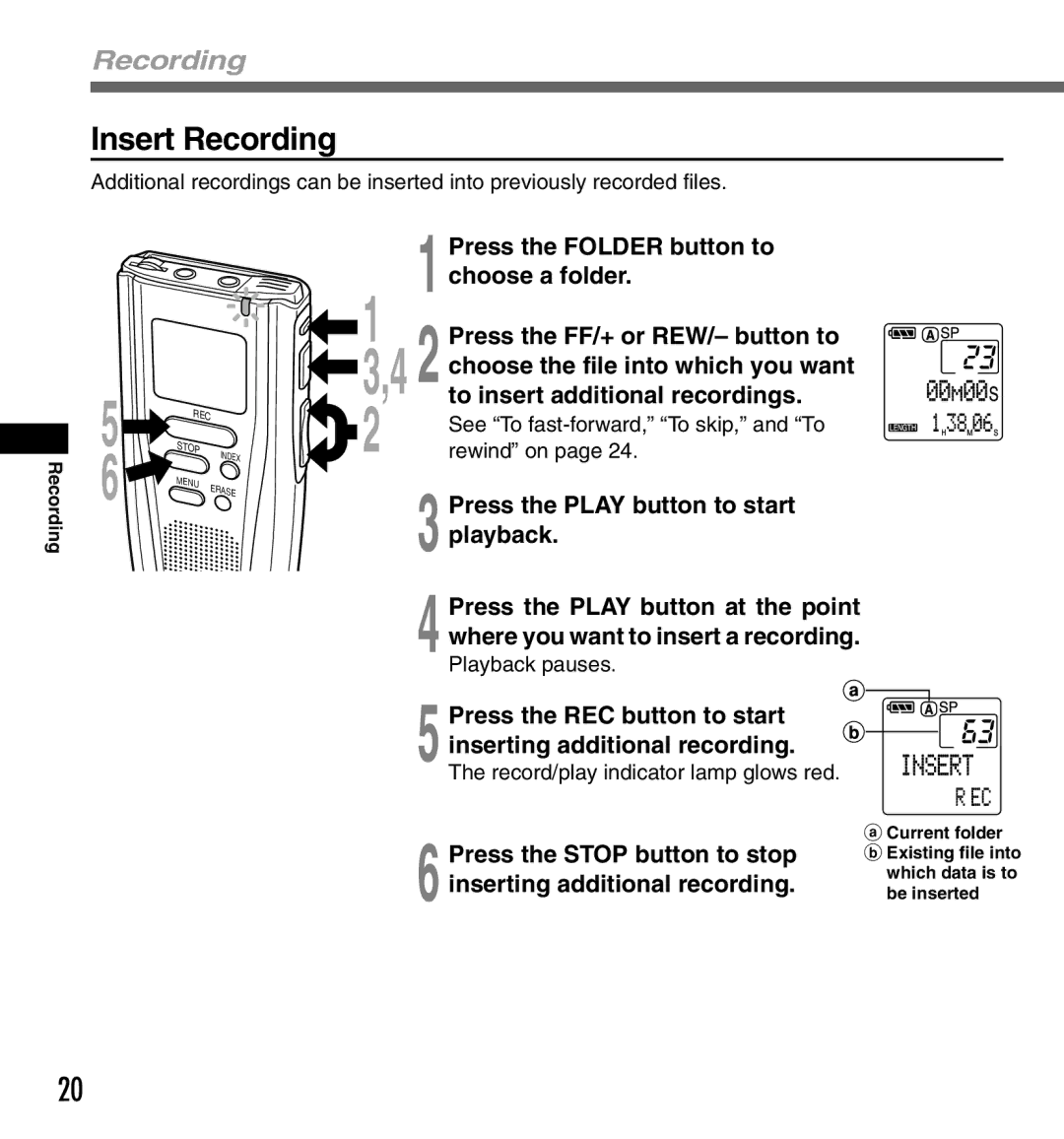 Olympus DS2000 manual Insert Recording, ACurrent folder 