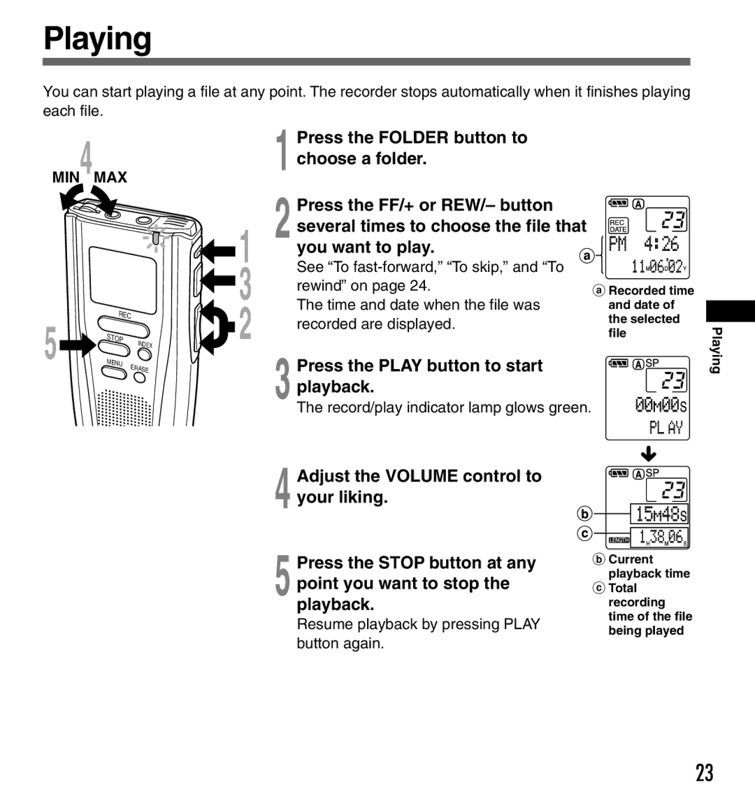 Olympus DS2000 manual Playing, ARecorded time Date Selected, File 