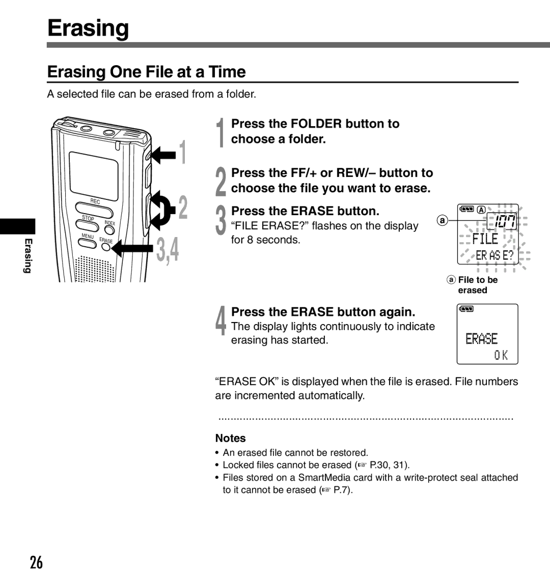 Olympus DS2000 manual Erasing One File at a Time 