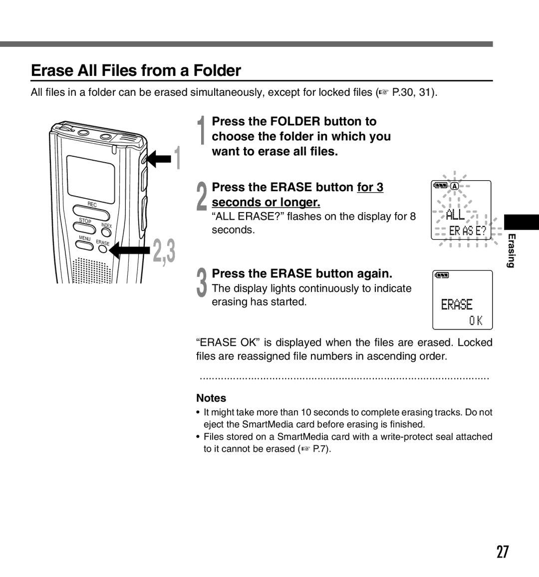 Olympus DS2000 Erase All Files from a Folder, Want to erase all files, Press the Erase button for 3 seconds or longer 