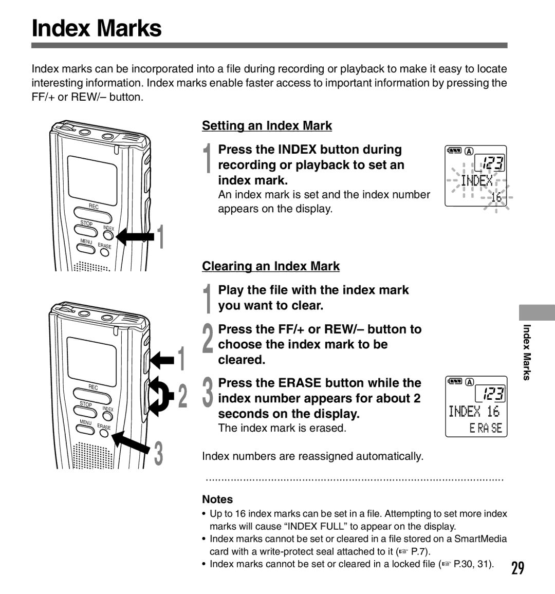 Olympus DS2000 manual Index Marks, Clearing an Index Mark, Choose the index mark to be, Cleared 