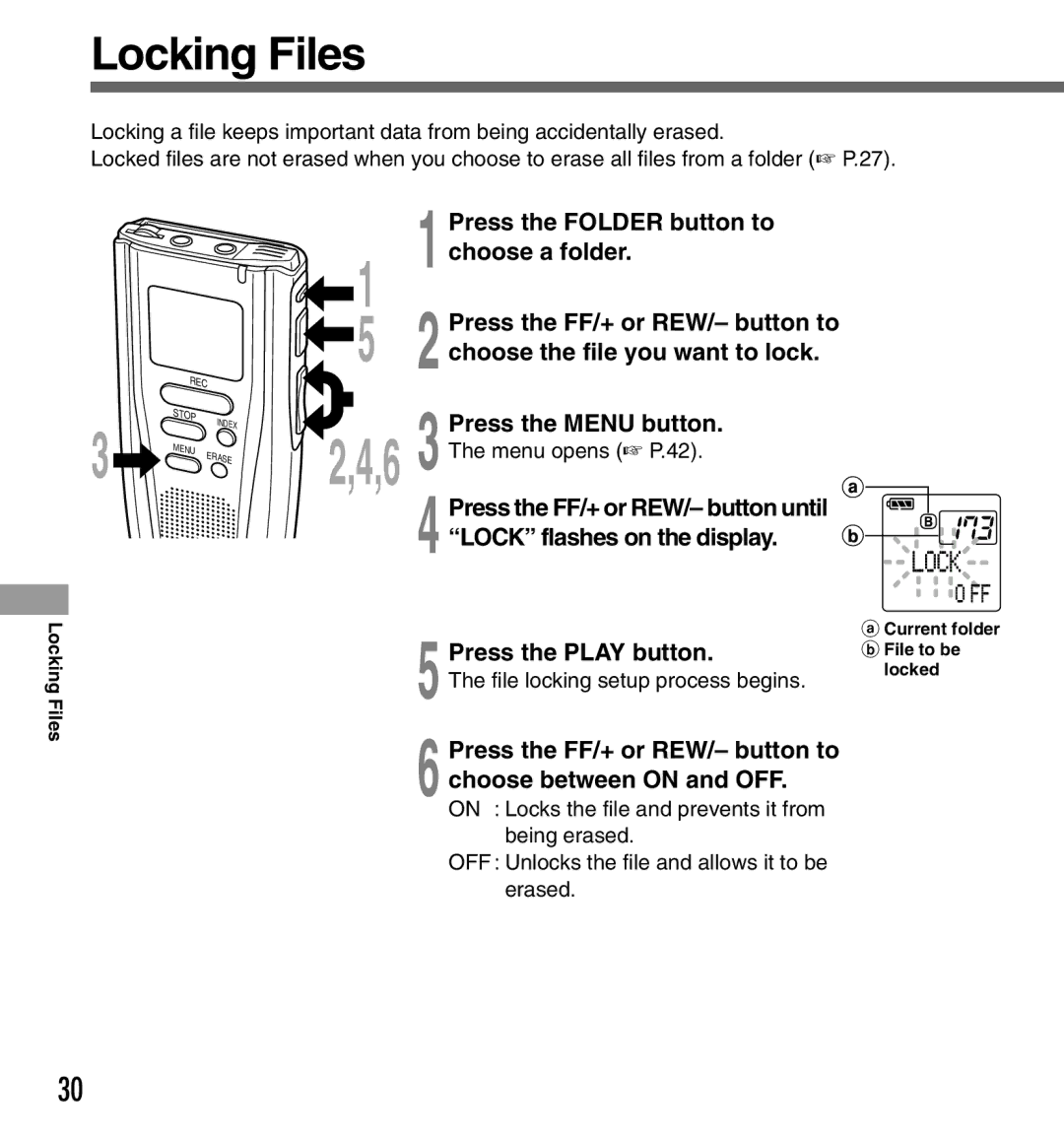 Olympus DS2000 manual Locking Files, Press the FF/+ or REW/- button to choose between on and OFF, Locked 