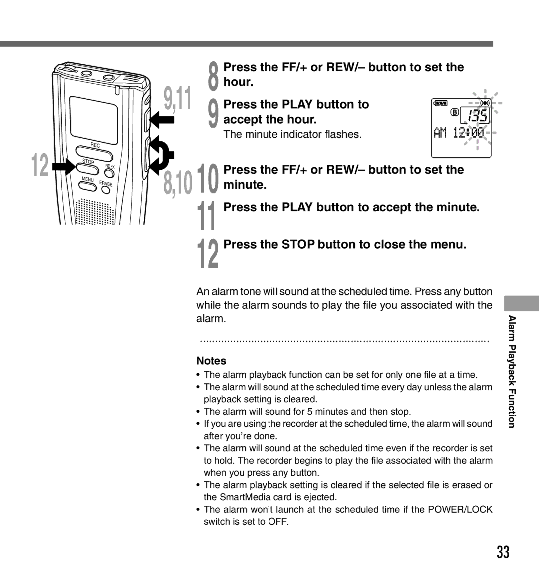 Olympus DS2000 manual Press the FF/+ or REW/- button to set 10 10 minute, Minute indicator flashes, Alarm 