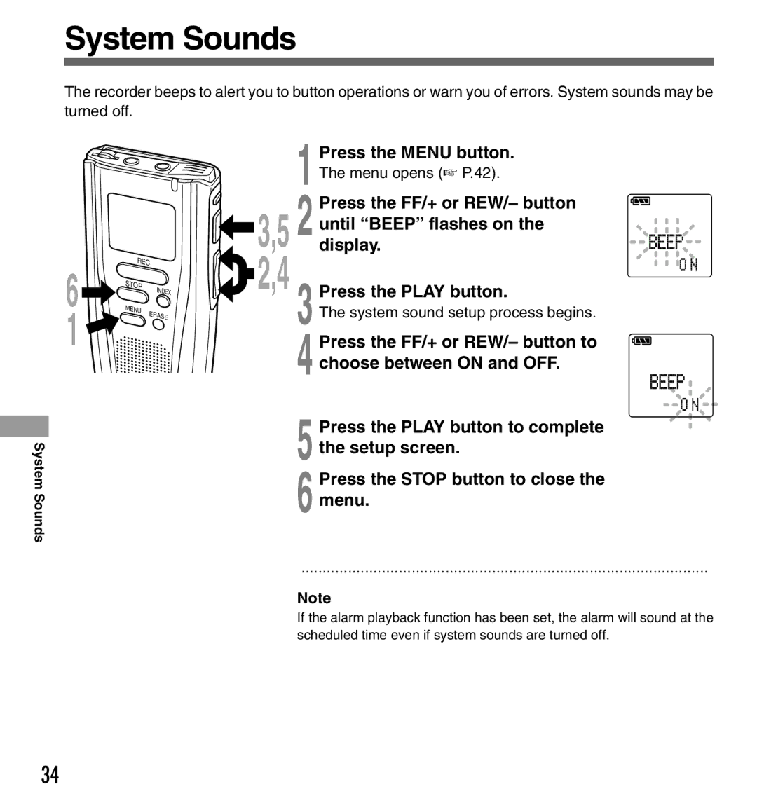 Olympus DS2000 manual System Sounds, Until Beep flashes on, Display, System sound setup process begins 