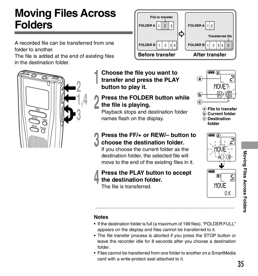 Olympus DS2000 manual Moving Files Across, Folders, Press the Play button to accept the destination folder, After transfer 