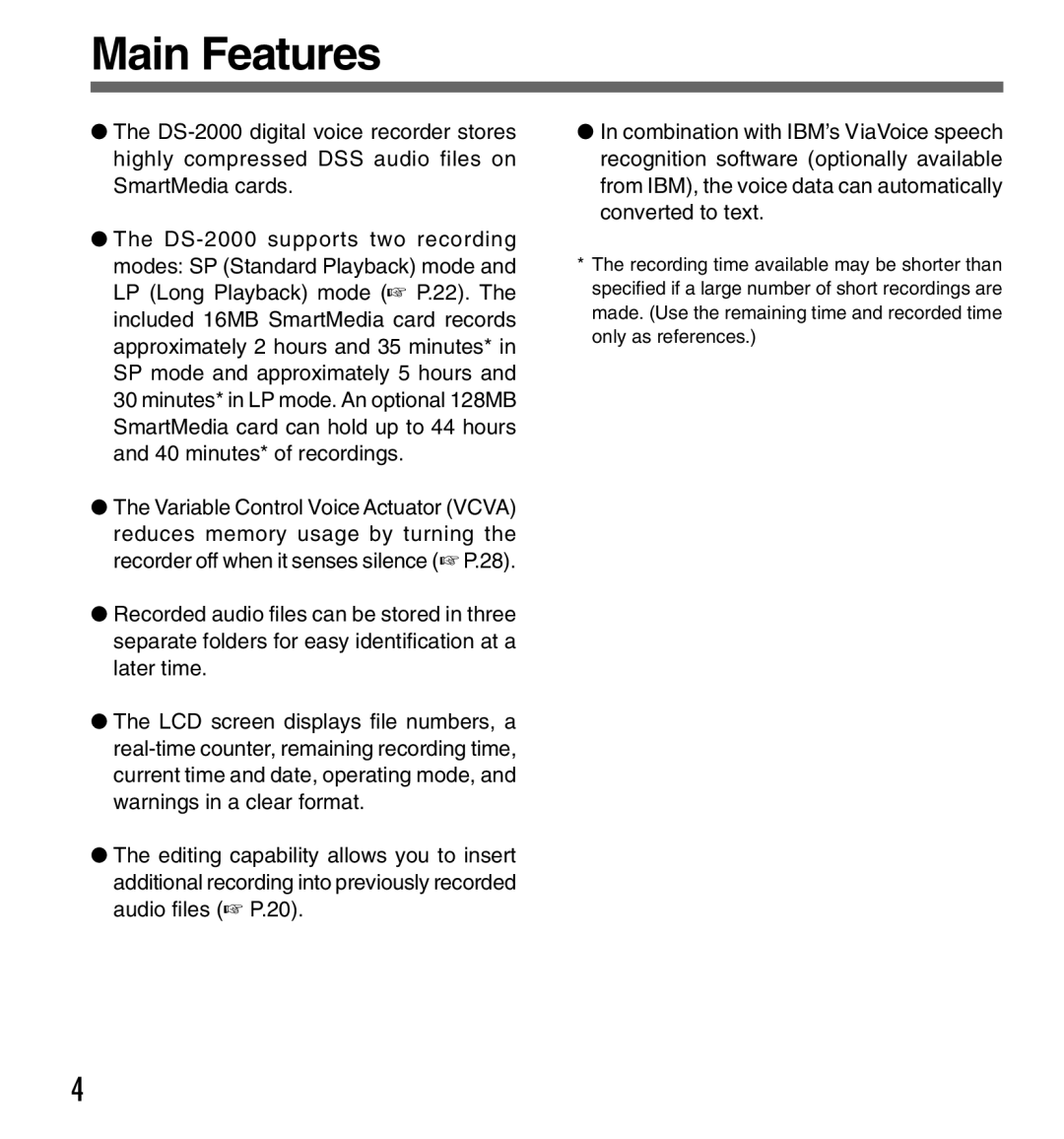 Olympus DS2000 manual Main Features 