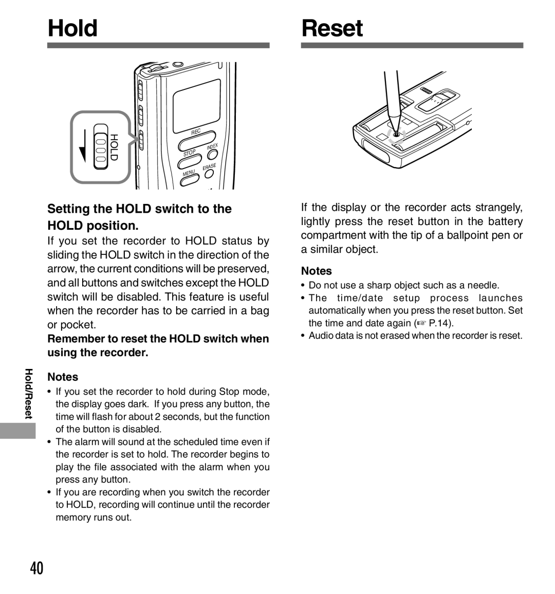 Olympus DS2000 manual HoldReset, Setting the Hold switch to the Hold position, Hold/Reset 