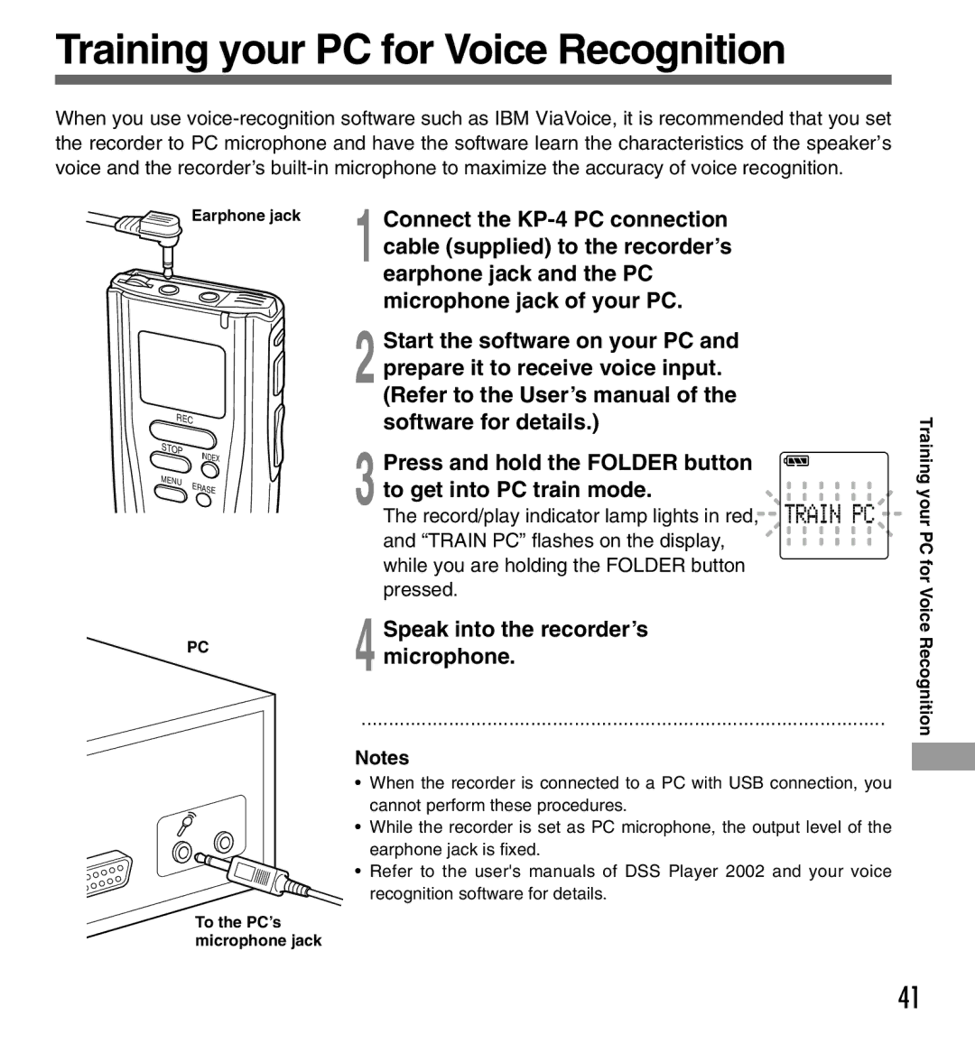 Olympus DS2000 manual Training your PC for Voice Recognition, Earphone jack 