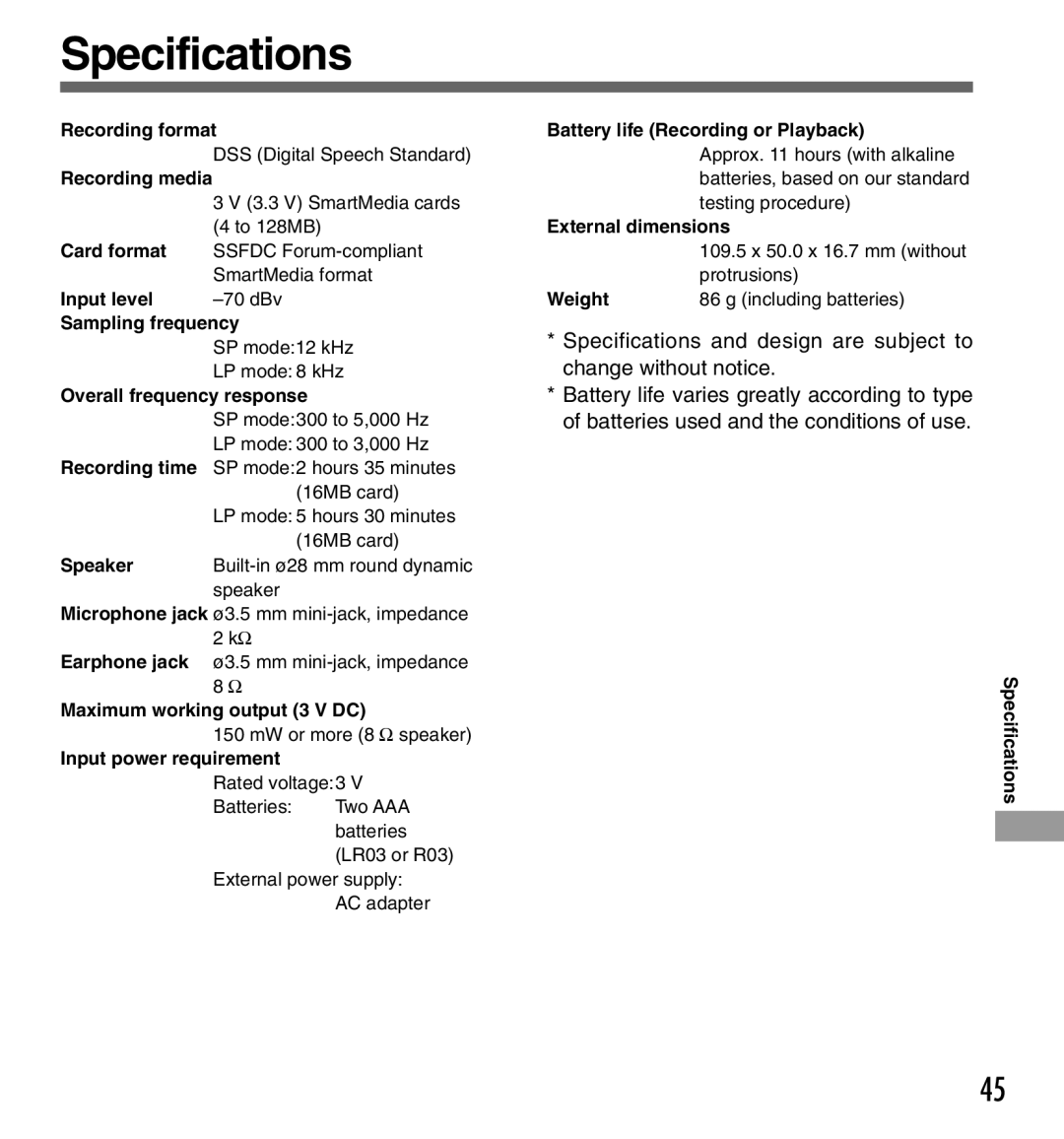 Olympus DS2000 manual Specifications 