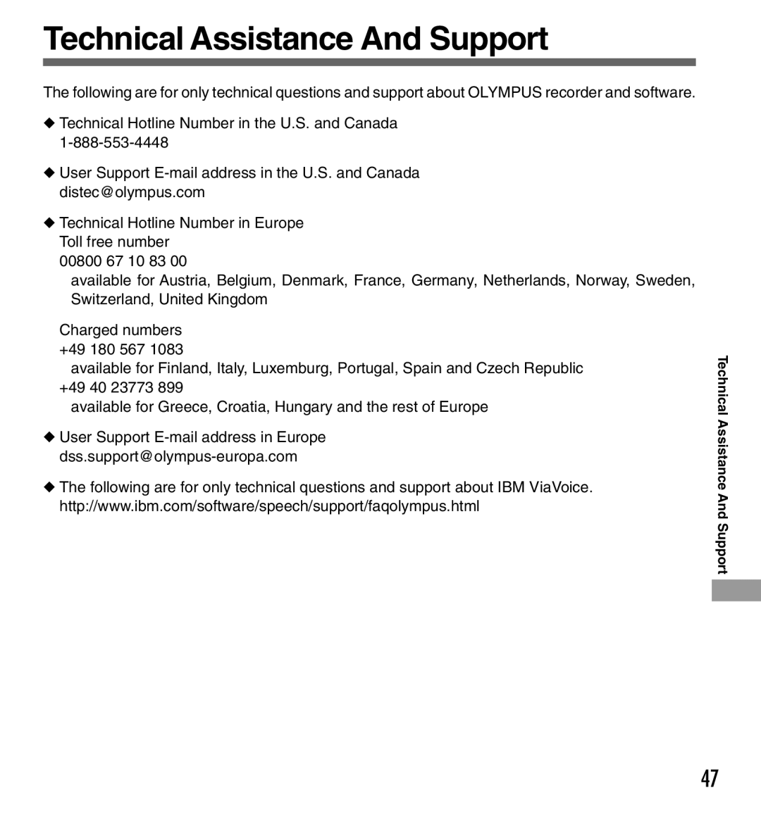 Olympus DS2000 manual Technical Assistance And Support 