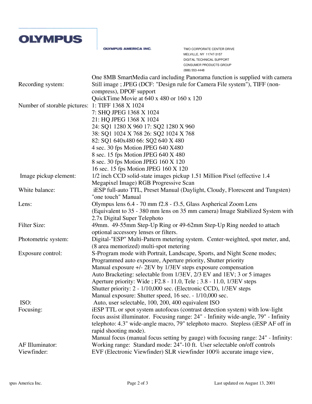 Olympus E-100 specifications Iso, Mpus America Inc, Last updated on August 13 