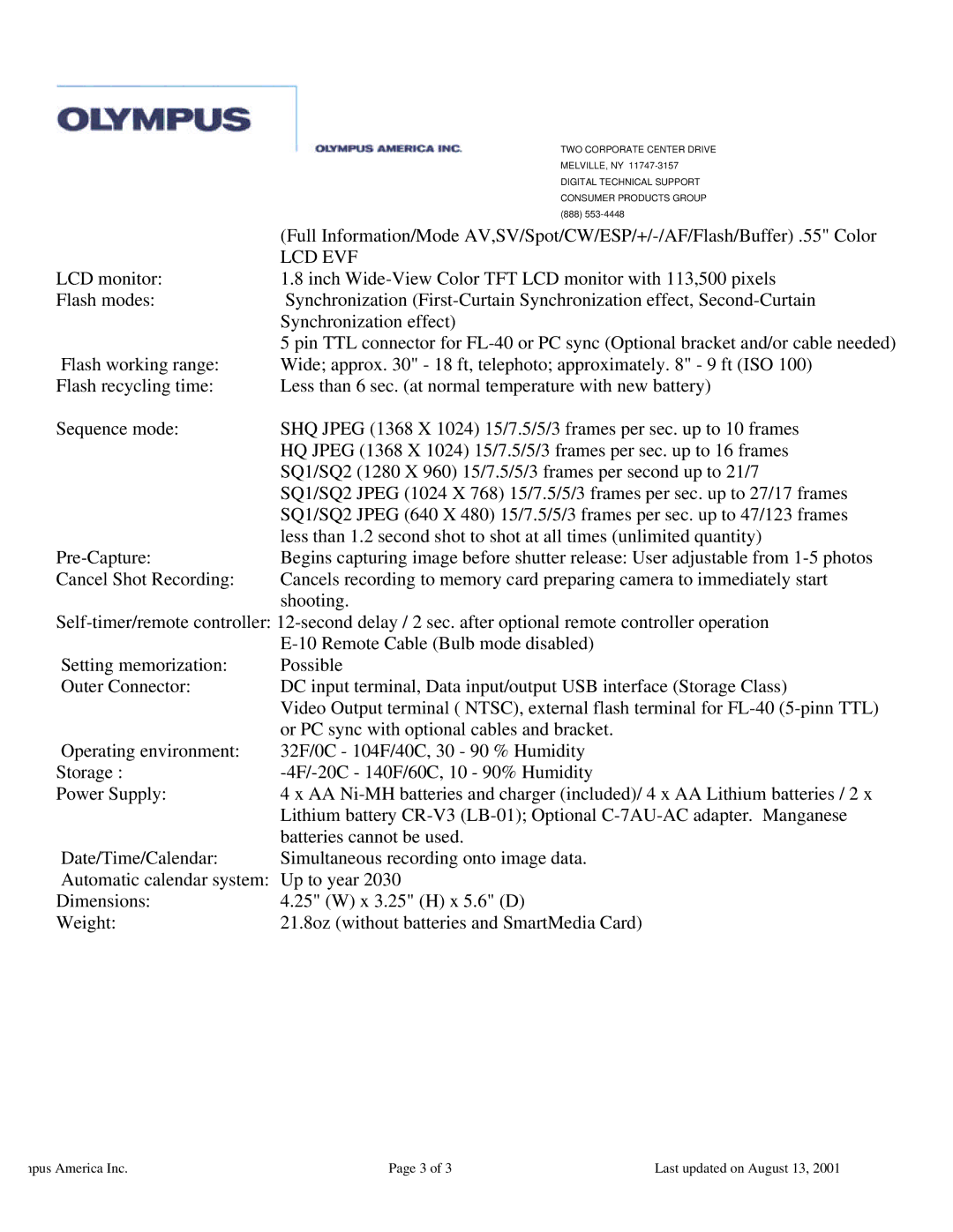 Olympus E-100 specifications Lcd Evf 