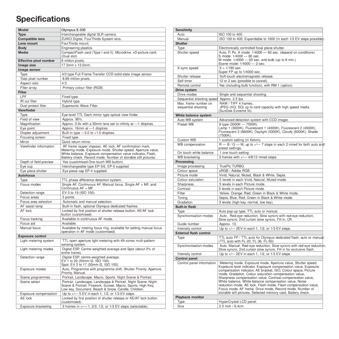 Olympus E-500 manual Specifications 