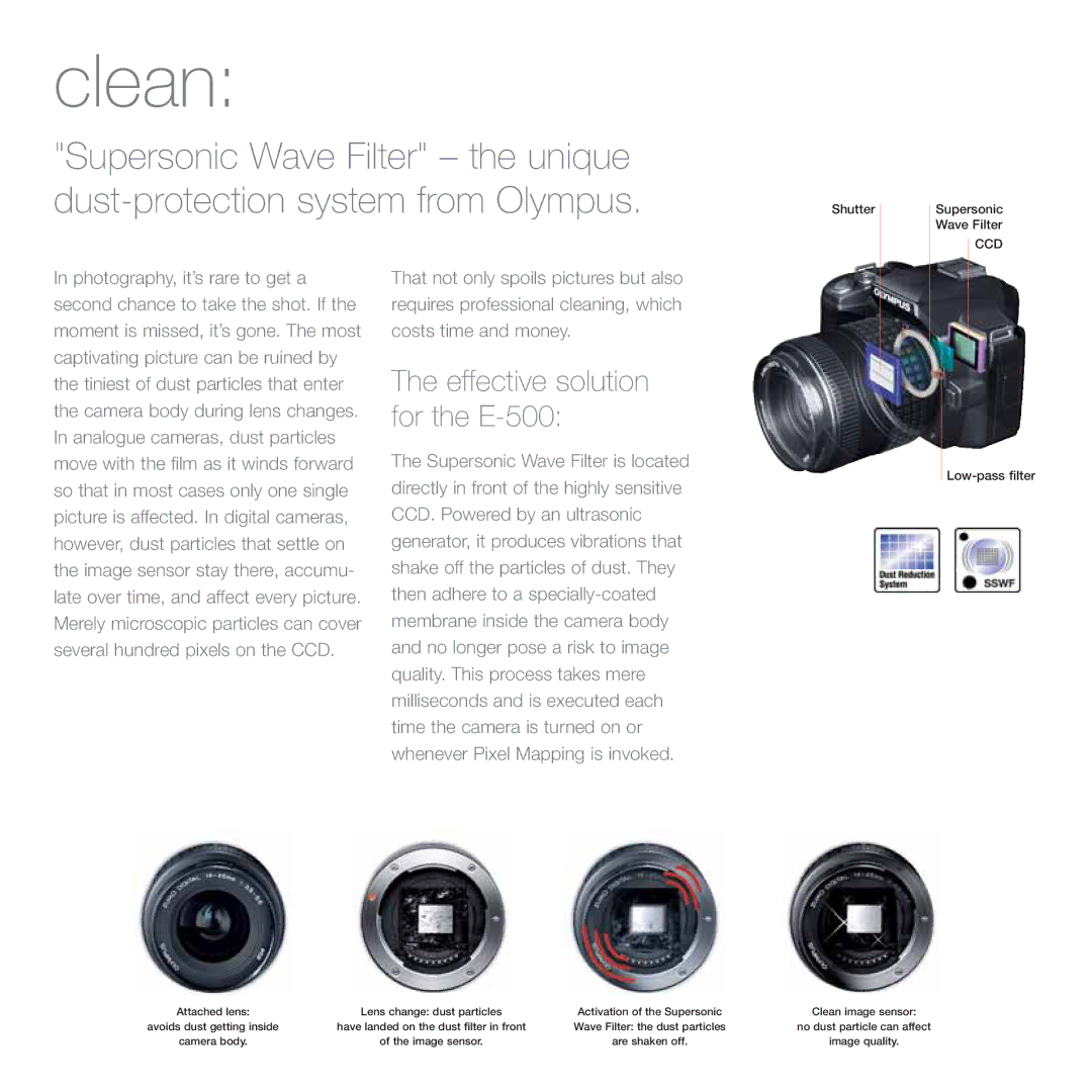 Olympus manual Clean, Effective solution for the E-500 