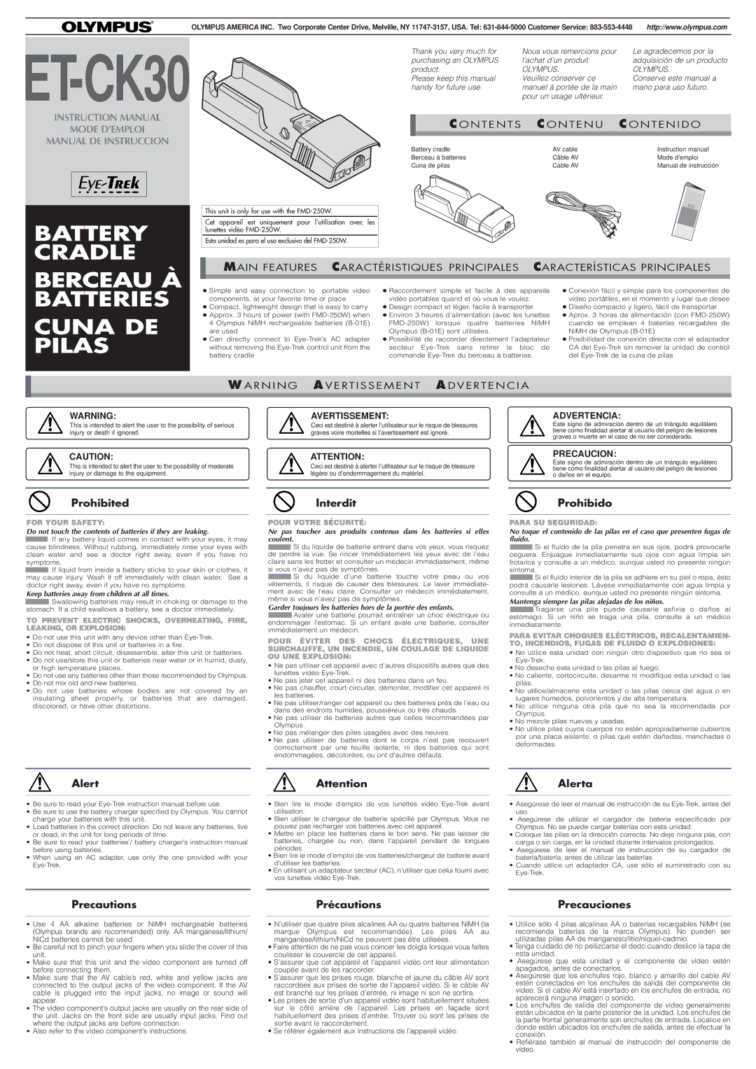 Olympus ET-CK30 instruction manual Prohibited, Interdit, Prohibido, Alerta, Precautions, Précautions, Precauciones 