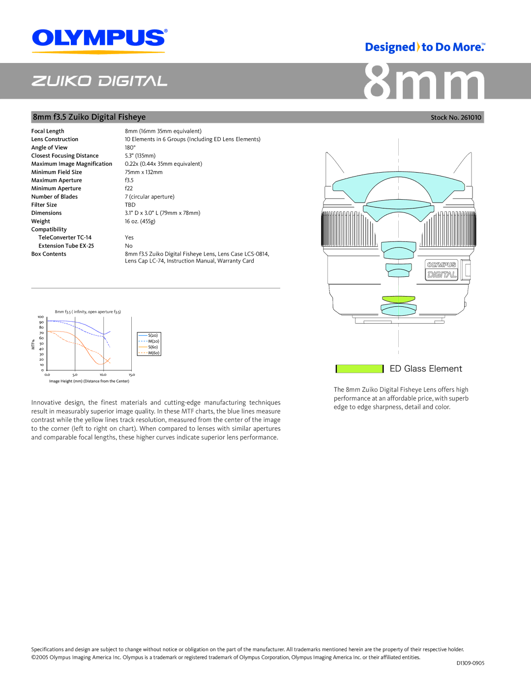 Olympus 261010 manual 8mm f3.5 Zuiko Digital Fisheye, ED Glass Element, Stock No, Tbd 