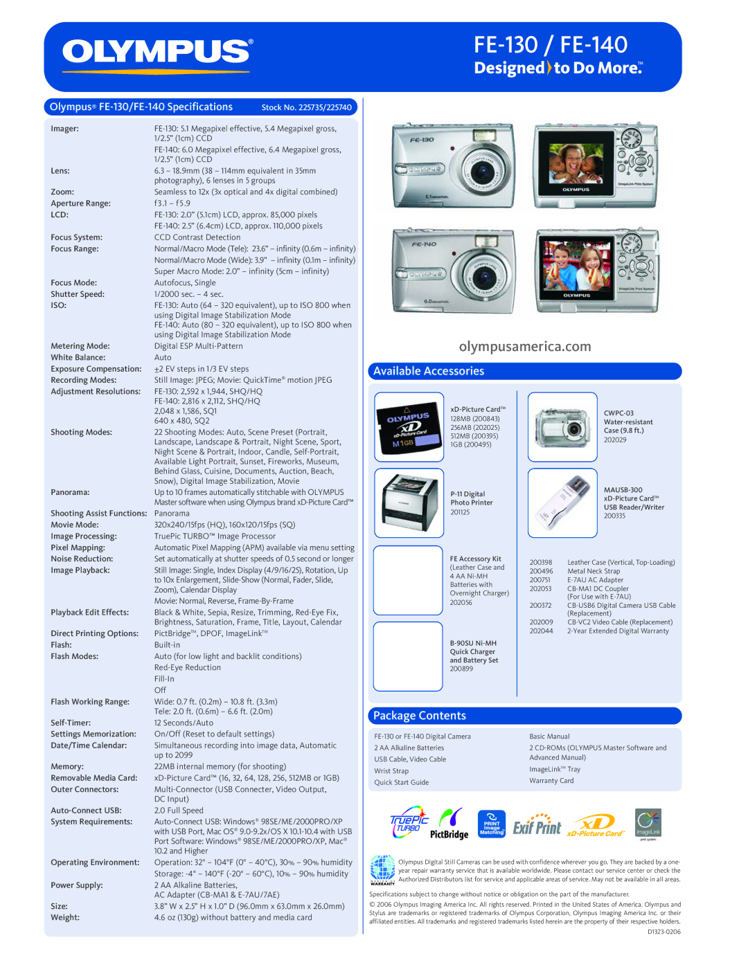 Olympus FE-140 manual Available Accessories, Package Contents 