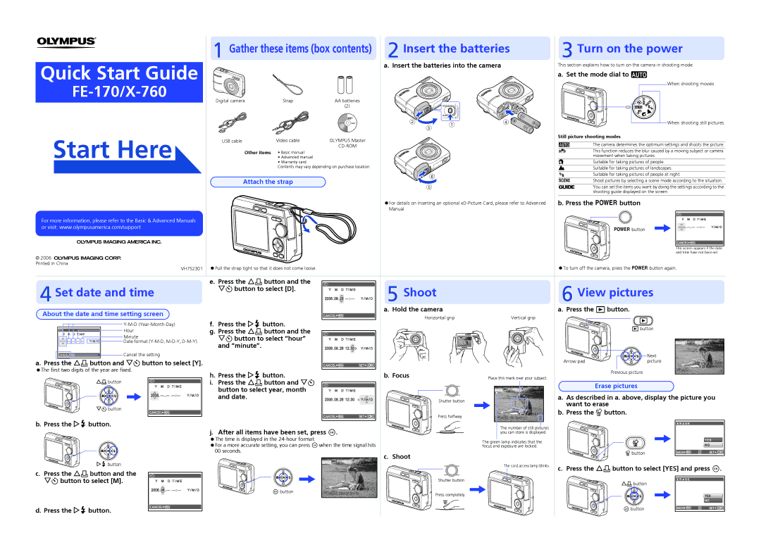 Olympus FE-170/X-760 quick start Attach the strap, About the date and time setting screen, Erase pictures 