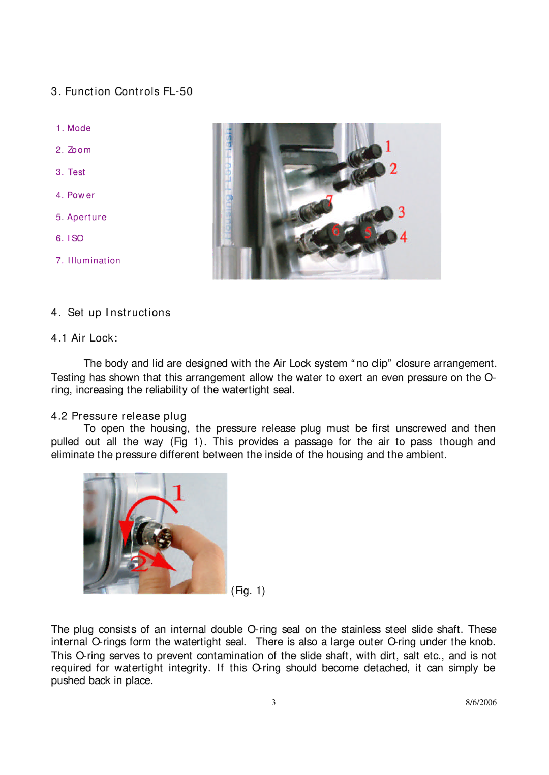 Olympus user manual Function Controls FL-50, Set up Instructions Air Lock, Pressure release plug 