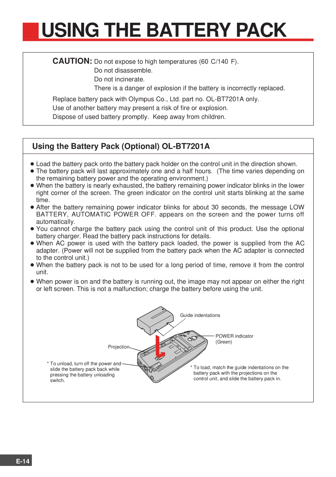 Olympus FMD-150W-US instruction manual Using the Battery Pack Optional OL-BT7201A 