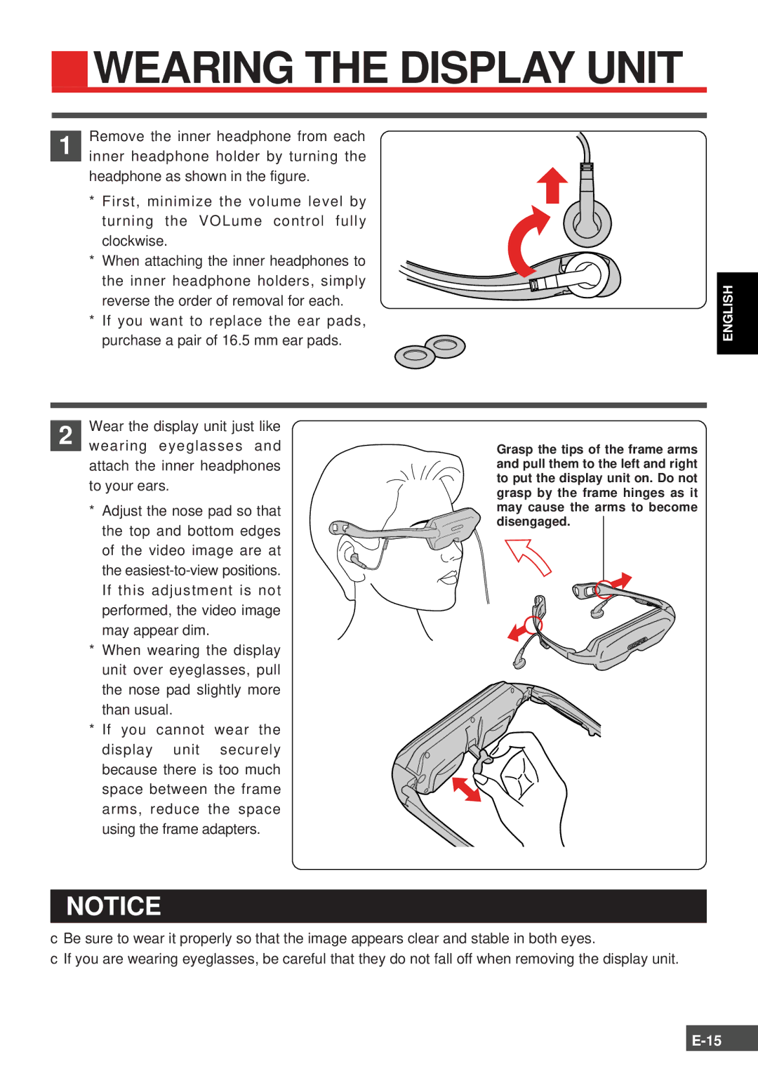 Olympus FMD-150W-US instruction manual Wearing the Display Unit 