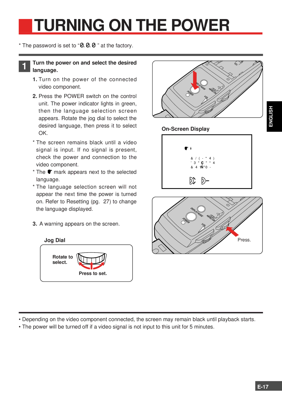 Olympus FMD-150W-US instruction manual Turning on the Power, Language, Jog Dial, On-Screen Display 