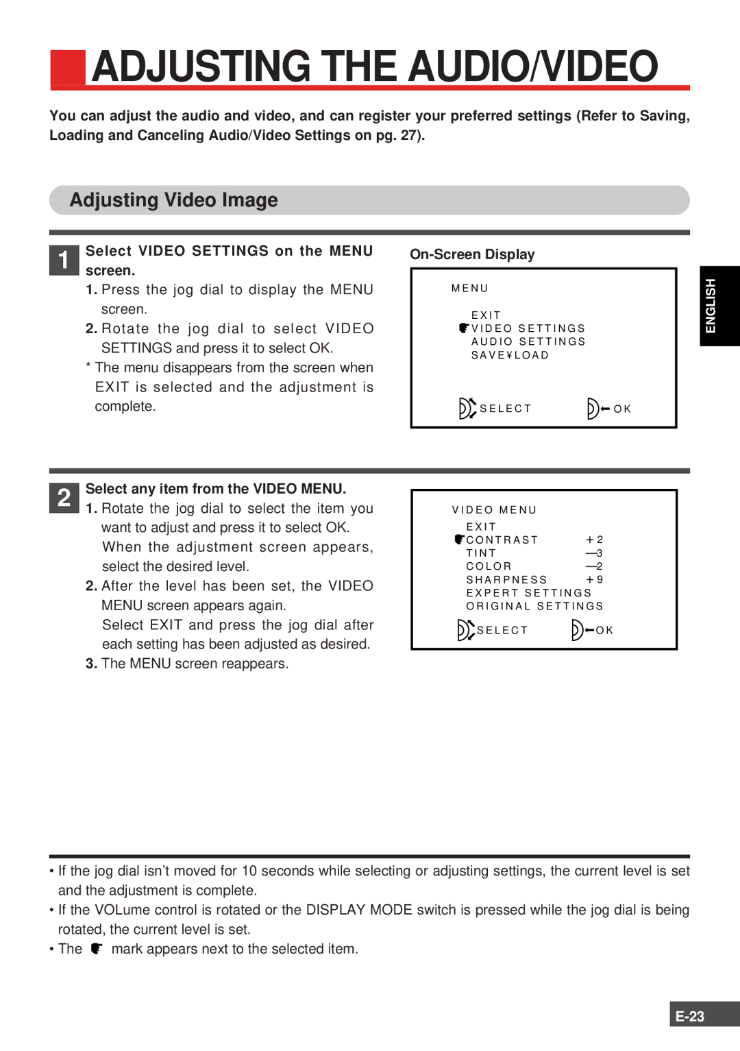 Olympus FMD-150W-US Adjusting the AUDIO/VIDEO, Adjusting Video Image, Select Video Settings on the Menu, Screen 