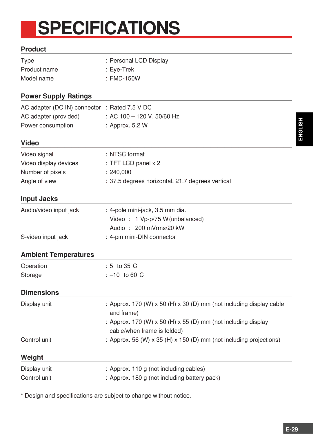 Olympus FMD-150W-US instruction manual Specifications, Power Supply Ratings 