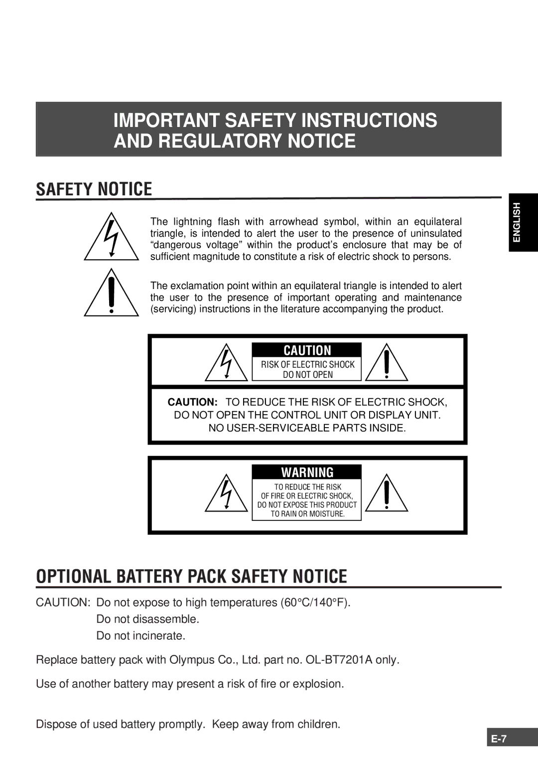 Olympus FMD-150W-US instruction manual Important Safety Instructions Regulatory Notice 