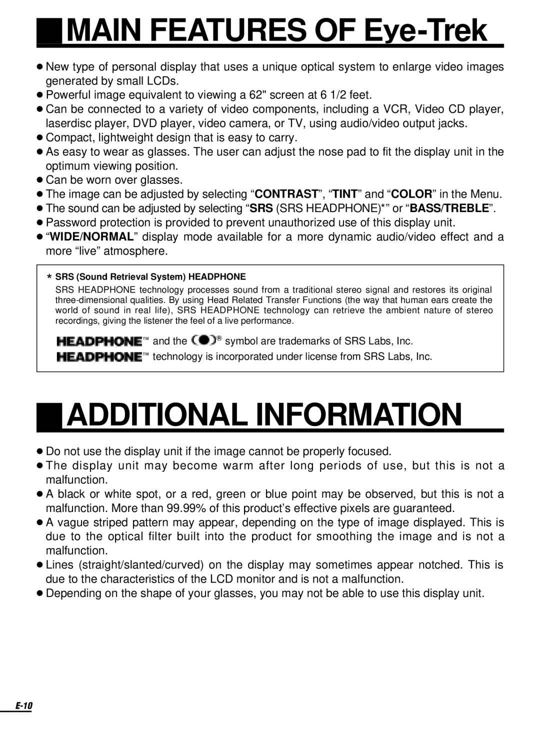 Olympus FMD-250W instruction manual Main Features of Eye-Trek, Additional Information 