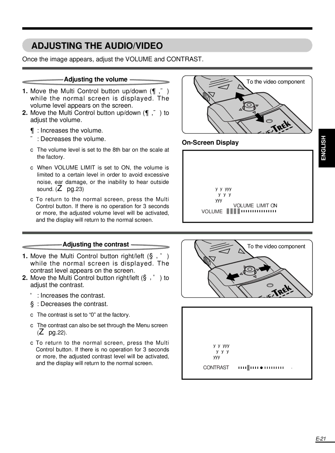 Olympus FMD-250W instruction manual Adjusting the AUDIO/VIDEO, Adjusting the volume, Adjusting the contrast 