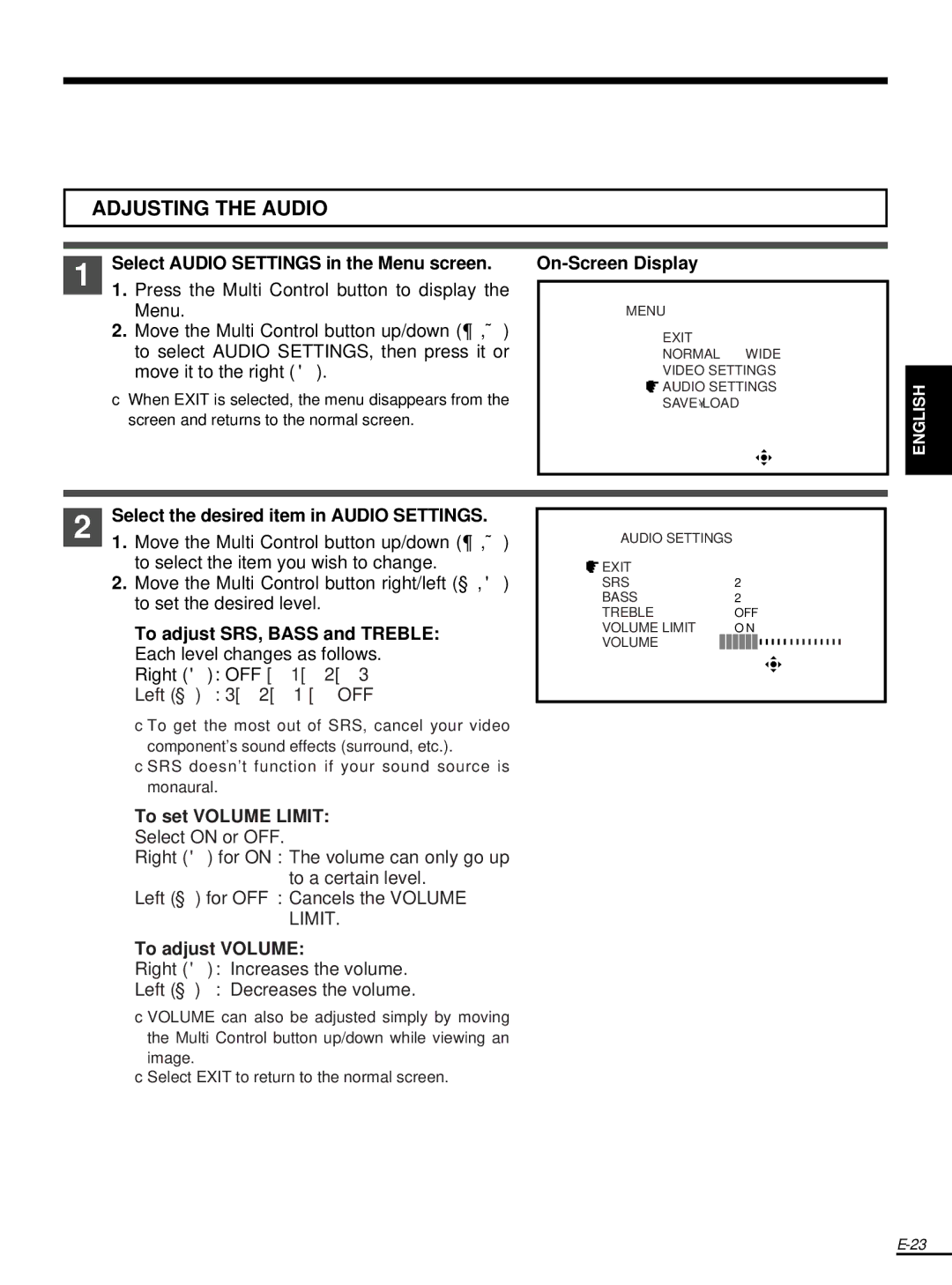 Olympus FMD-250W Select the desired item in Audio Settings, To adjust SRS, Bass and Treble, To set Volume Limit 