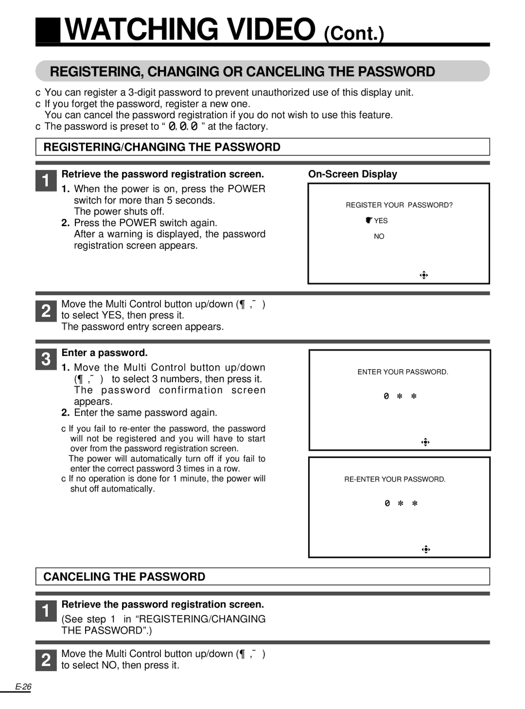 Olympus FMD-250W instruction manual REGISTERING, Changing or Canceling the Password, Enter a password 