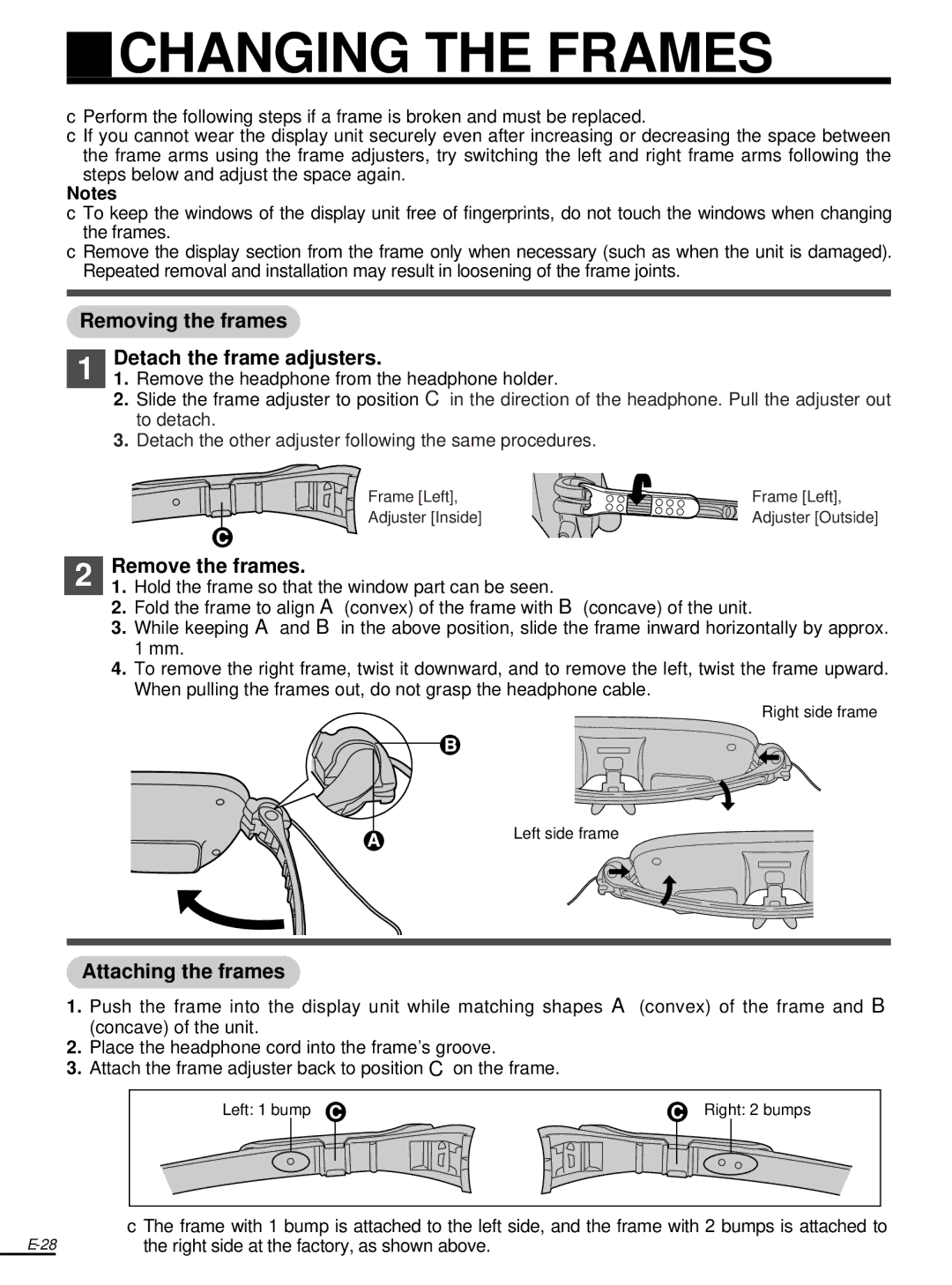 Olympus FMD-250W instruction manual Changing the Frames, Removing the frames Detach the frame adjusters, Remove the frames 