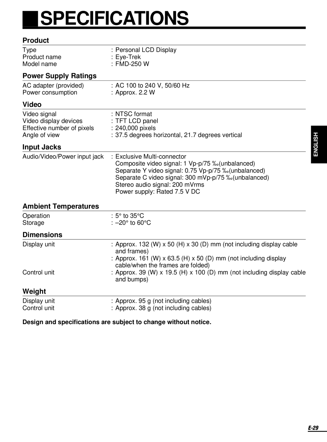 Olympus FMD-250W instruction manual Specifications 