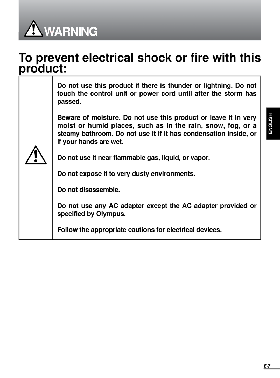 Olympus FMD-250W instruction manual To prevent electrical shock or fire with this product 