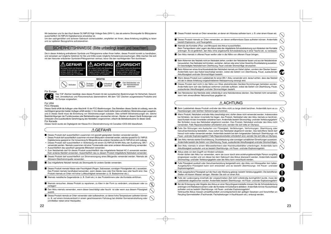 Olympus FS-HV1 manual Gefahr, Achtung, Für Europe, Für USA FCC-Hinweis, Für Kanada 