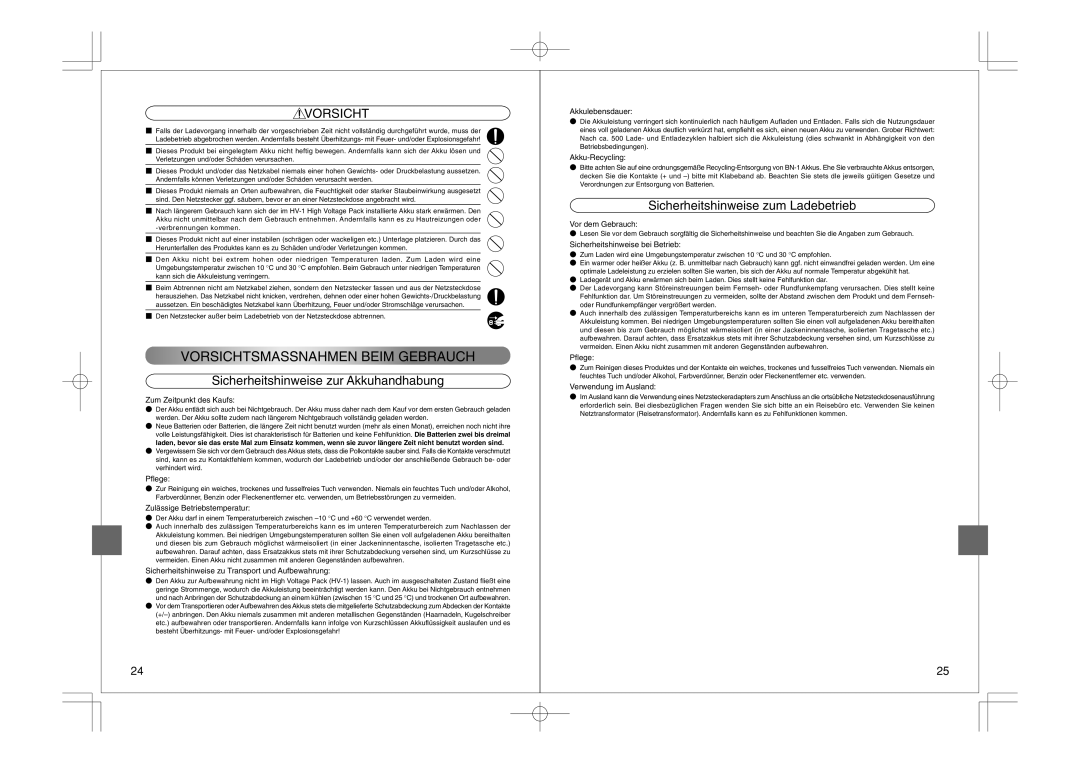 Olympus FS-HV1 manual Vorsicht, Sicherheitshinweise zur Akkuhandhabung, Sicherheitshinweise zum Ladebetrieb 