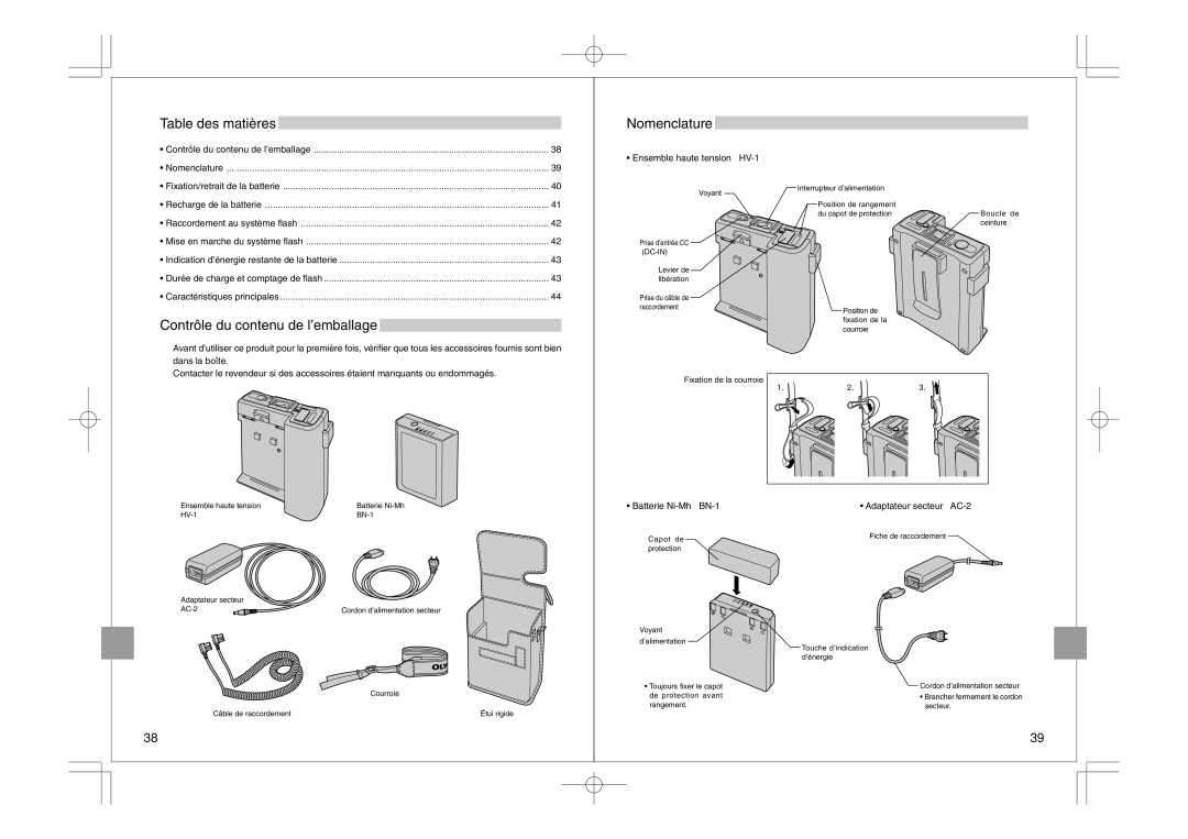 Olympus FS-HV1 Table des matières, Contrôle du contenu de l’emballage, Ensemble haute tension HV-1, Batterie Ni-Mh BN-1 