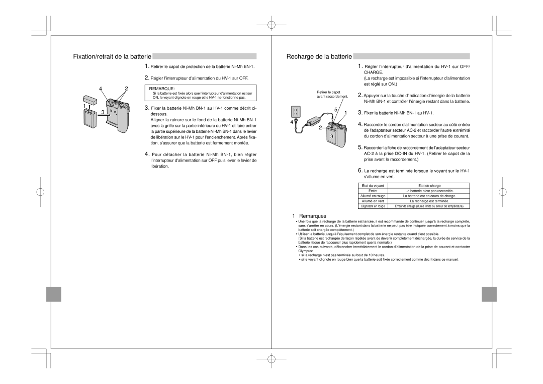 Olympus FS-HV1 manual Fixation/retrait de la batterie Recharge de la batterie, Remarques 