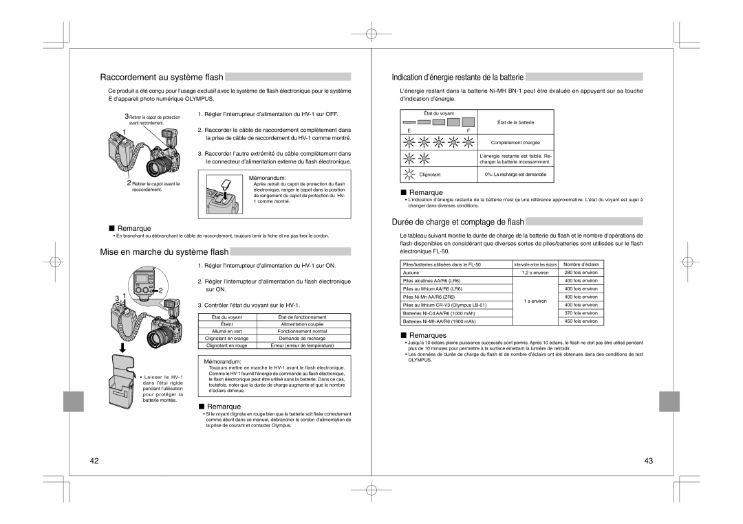 Olympus FS-HV1 manual Raccordement au système flash, Mise en marche du système flash, Remarque, Mémorandum 