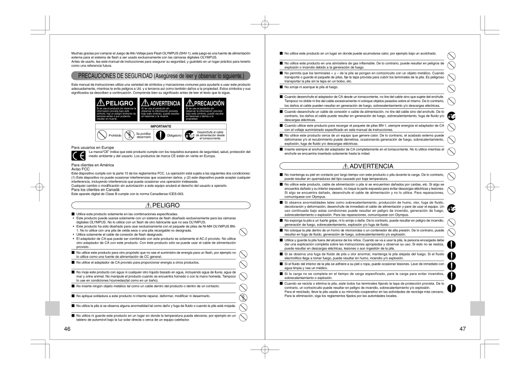 Olympus FS-HV1 manual Peligro, Advertencia, Para usuarios en Europe, Para clientes en América Aviso FCC 