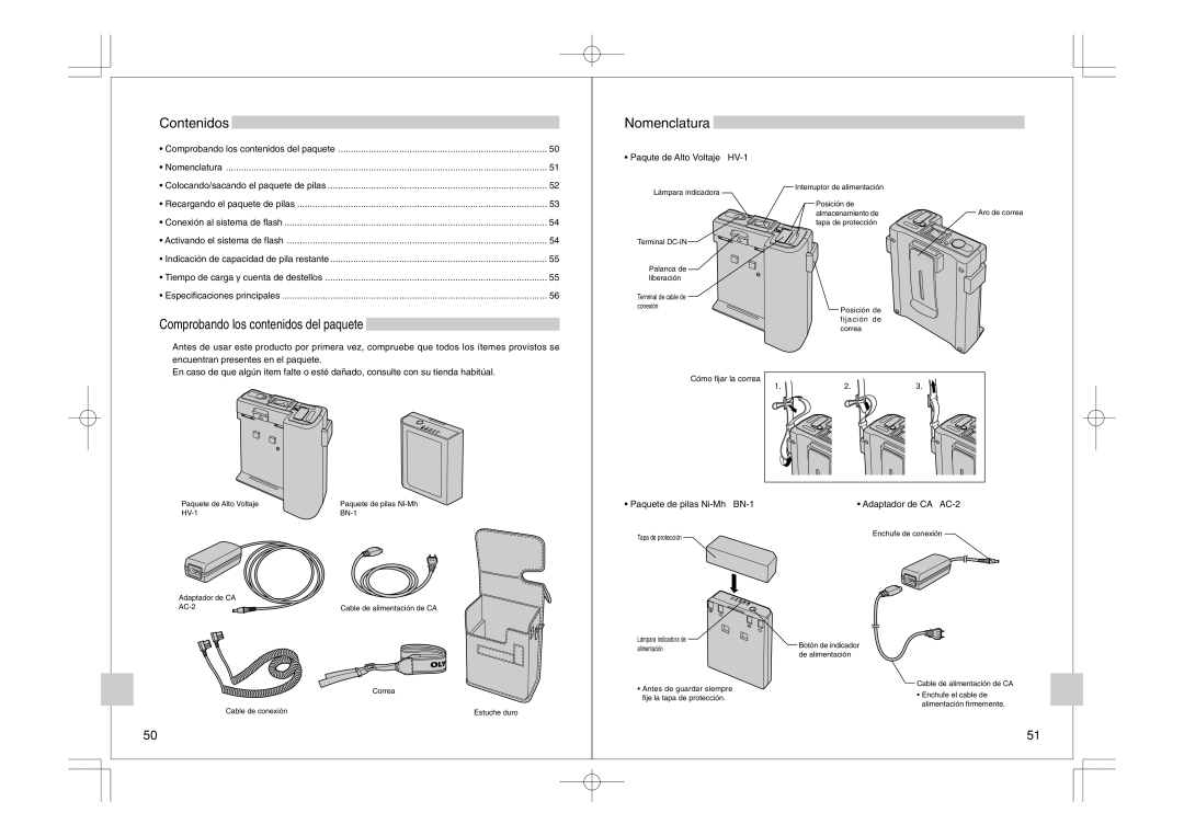 Olympus FS-HV1 manual Contenidos, Nomenclatura, Comprobando los contenidos del paquete 