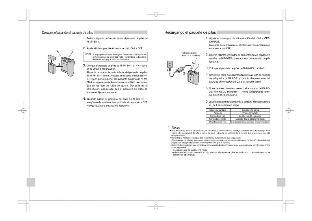 Olympus FS-HV1 manual Recargando el paquete de pilas, Colocando/sacando el paquete de pilas, Notas 