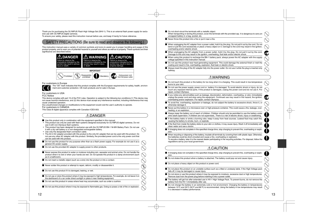 Olympus FS-HV1 manual For customers in Europe, For customers in USA FCC Notice, For customers in Canada 