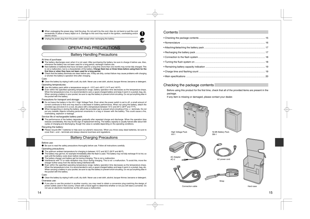 Olympus FS-HV1 manual Battery Handling Precautions, Battery Charging Precautions, Contents, Checking the package contents 