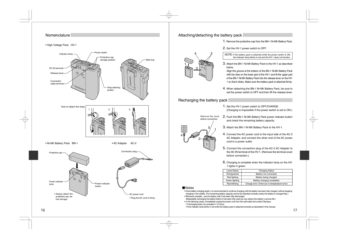 Olympus FS-HV1 manual Nomenclature, Attaching/detaching the battery pack, Recharging the battery pack 