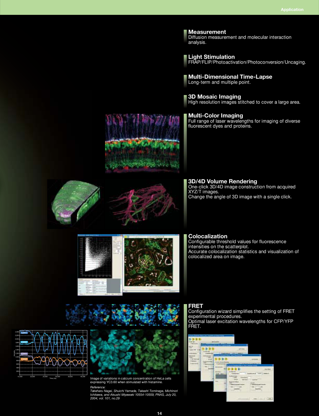 Olympus FV1000 manual Measurement, Light Stimulation, Multi-Dimensional Time-Lapse, 3D Mosaic Imaging, Multi-Color Imaging 