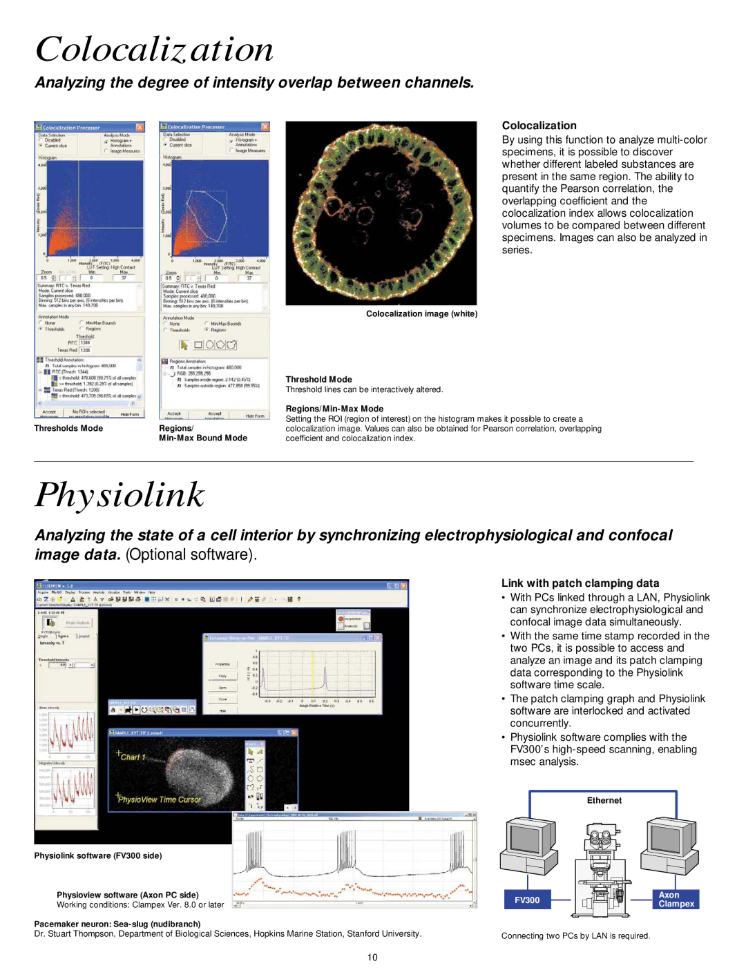 Olympus FV300 manual Colocalization, Link with patch clamping data, Threshold Mode, Regions/Min-Max Mode, Ethernet 